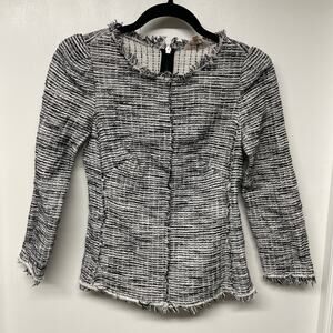 Rebecca Taylor White Black Boucle Tweed Top 3/4 Sleeve Fringe Career Size 2 XS